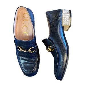 GUCCI Mister Crystal Black Goatskin Crystal Horsbit Leather Loafer / Mule